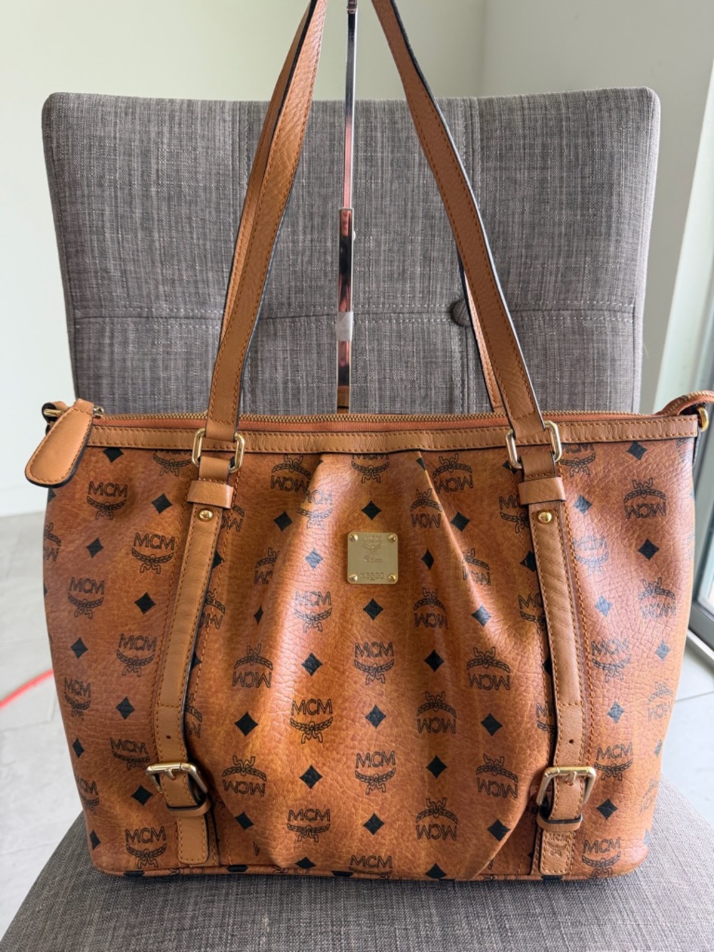 MCM Cognac Logo Visetos Leather Tote with Gold Plaque